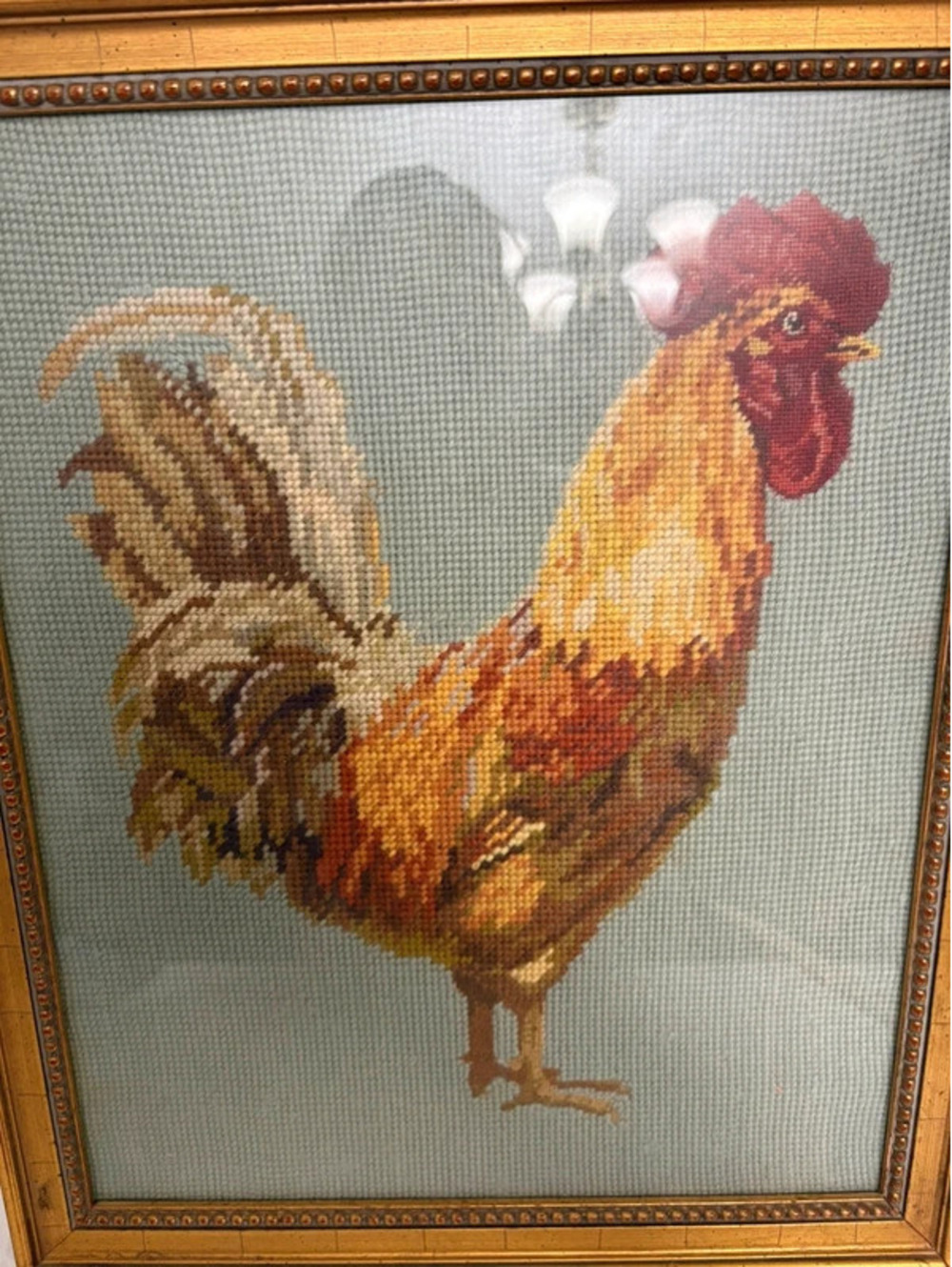 Vintage Framed Rooster Needlepoint Wall Art Gold Frame 14” x 17”